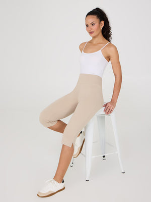 Wide Waistband Capri Pants With Slit Hem Sand