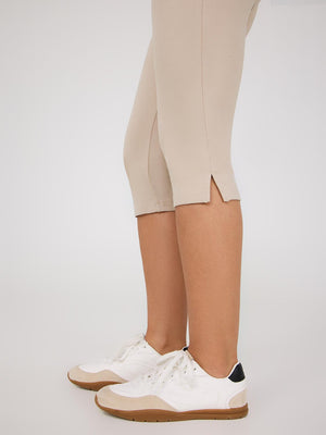 Wide Waistband Capri Pants With Slit Hem Sand