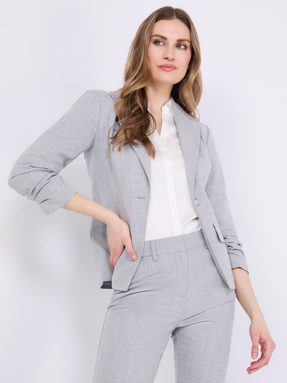 One-Button Ruched Sleeve Blazer – Suzy Shier