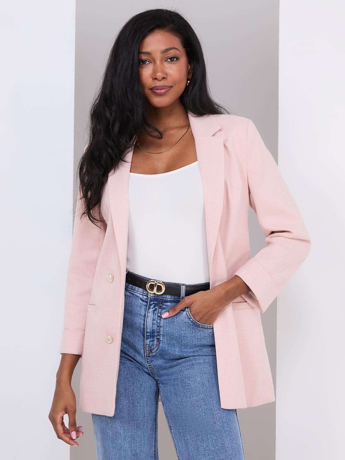 3/4 Sleeve Faux Double-Breasted Blazer – Suzy Shier