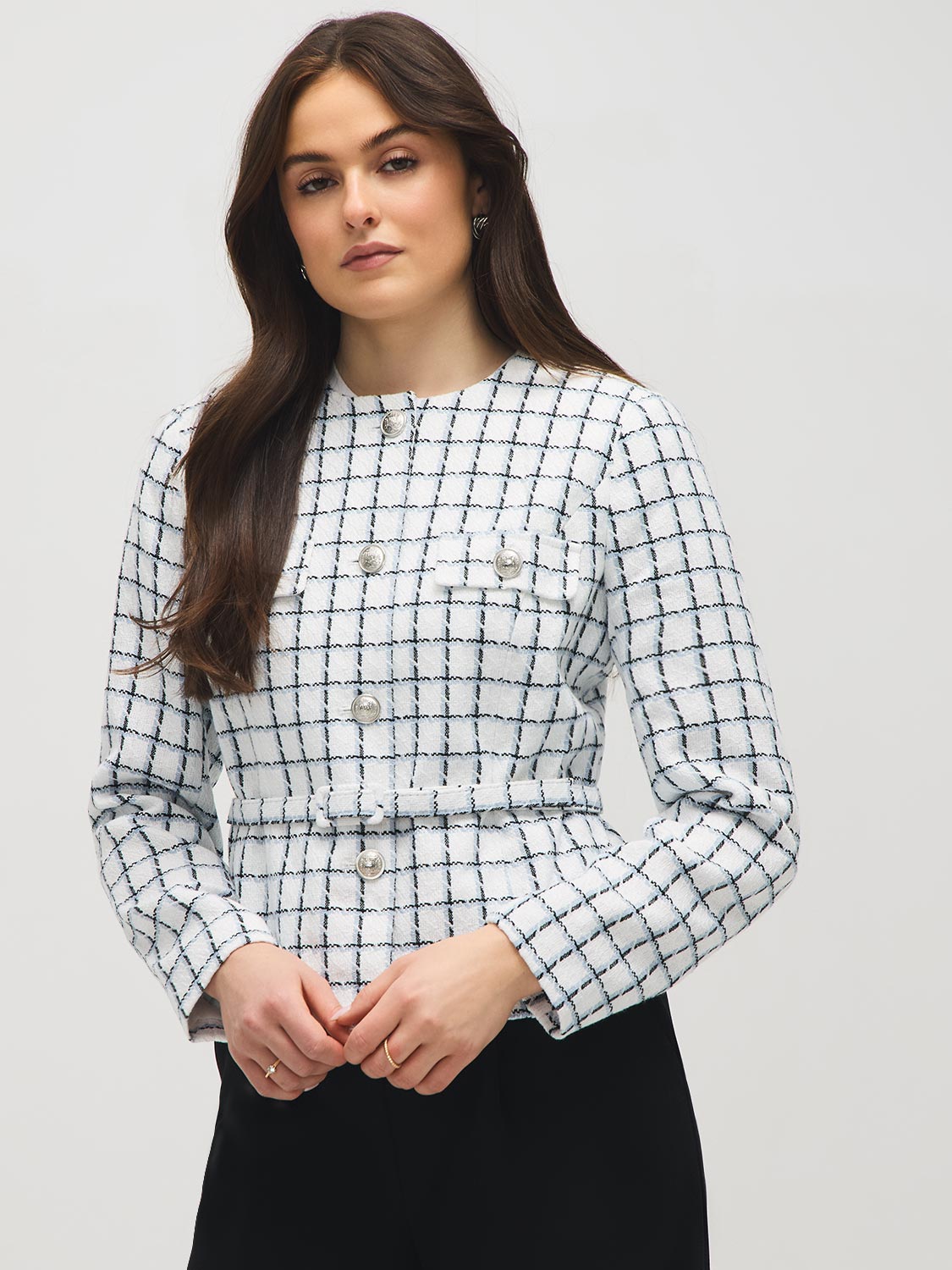 Collarless Belted Boucle Blazer