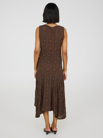 Bubble Lace Asymmetric Midi Skirt Brown