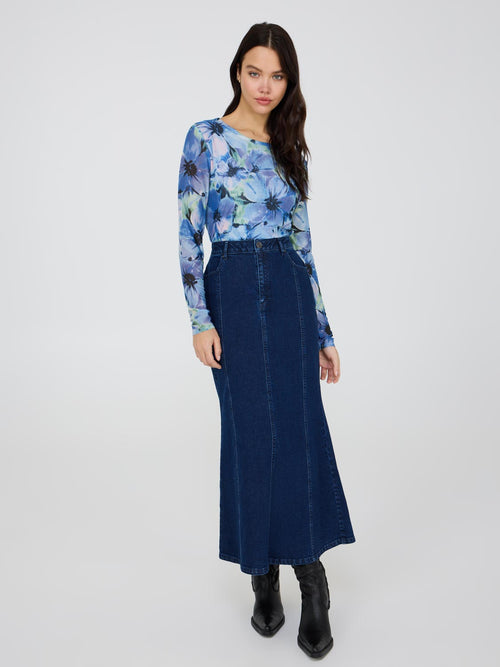 Denim Godet Maxi Skirt