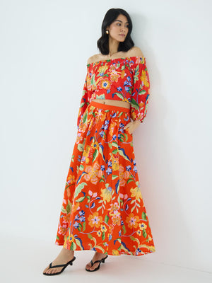 Floral Poplin Maxi Skirt Scarlet