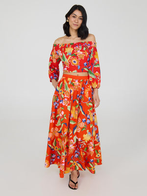 Floral Poplin Maxi Skirt Scarlet