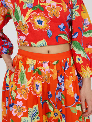 Floral Poplin Maxi Skirt Scarlet