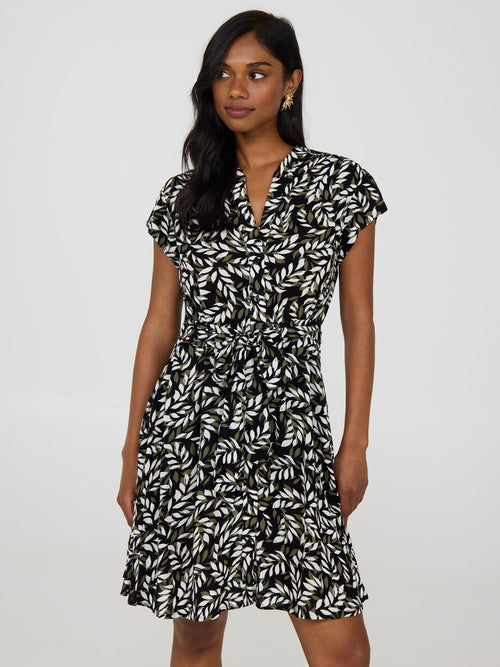 Tropical Print Button-Front Textured Dress