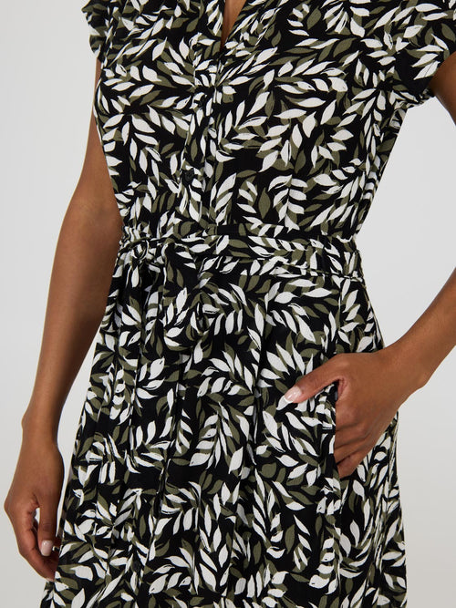 Tropical Print Button-Front Textured Dress