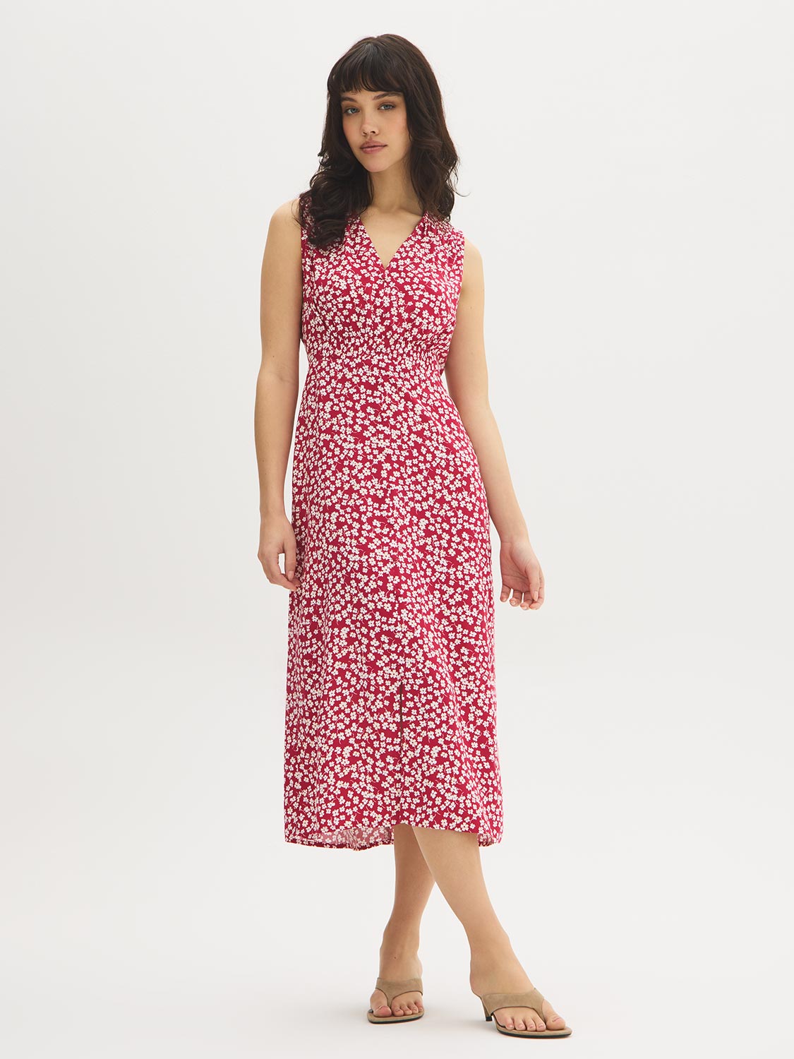 Printed V-Neck Smocked Midi Dress