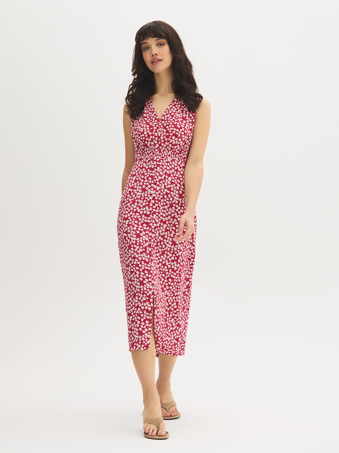 Robe mi-longue smockée à décolleté en V et motif floral