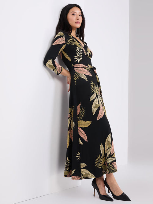 Leaf Print Cross-Front Maxi Dress