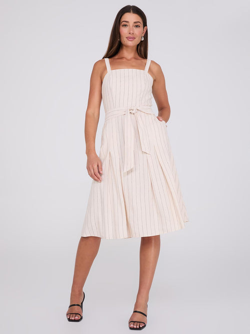 Striped Linen Knee Length Dress With Pockets