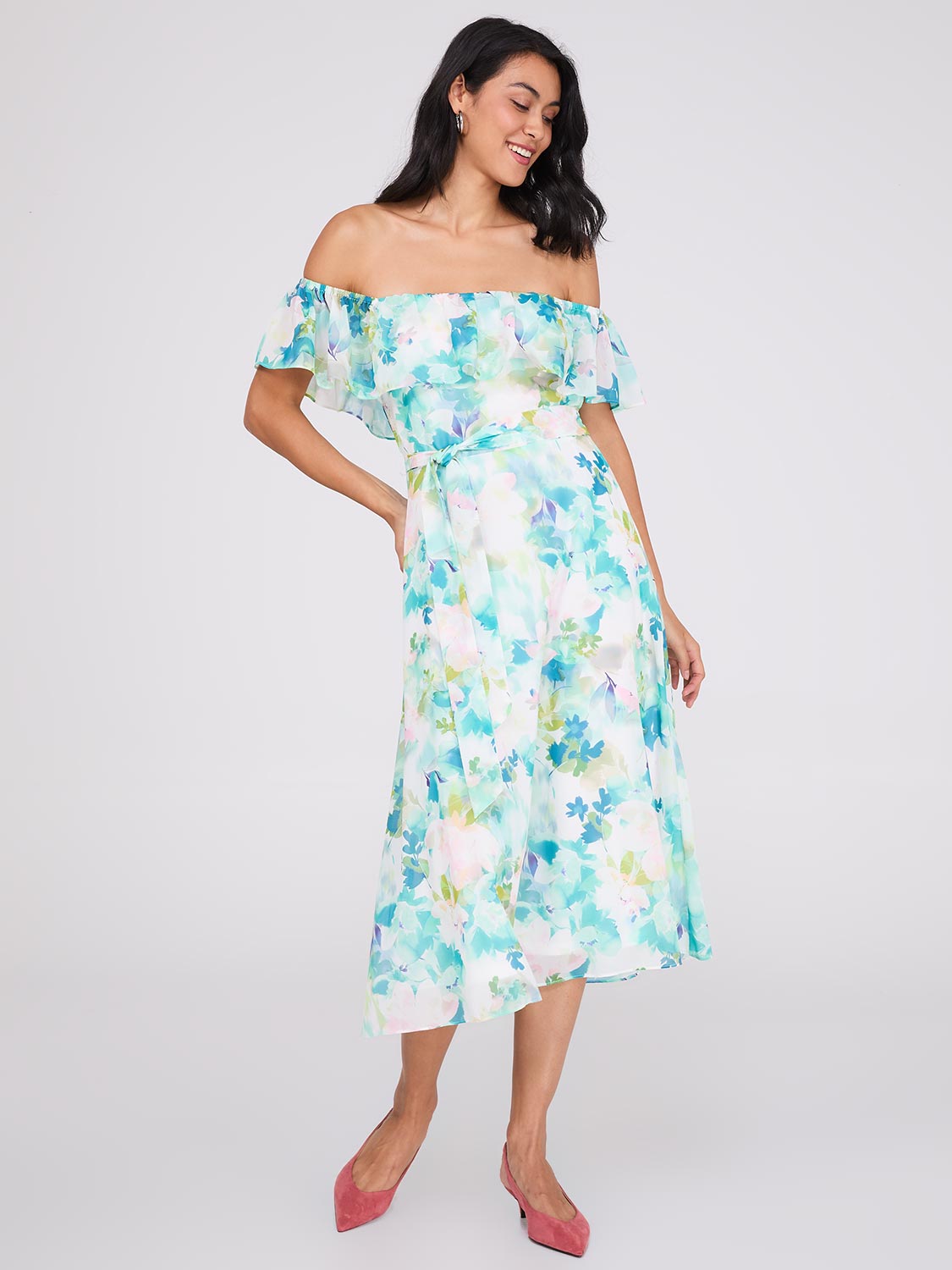 Printed Off-The-Shoulder Chiffon Midi Dress – Suzy Shier