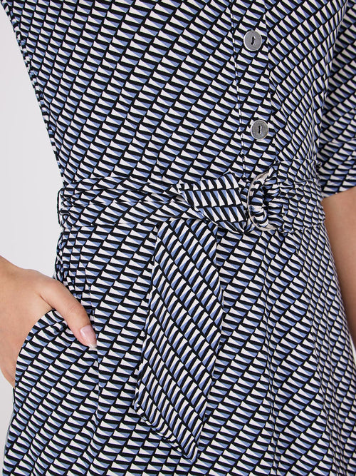 Geo Print Button-Front Midi Dress With Pockets