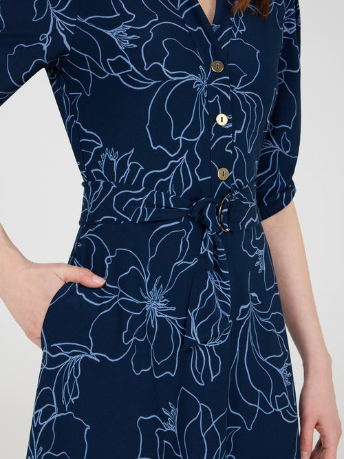 Printed Button-Front Midi Dress With Pockets