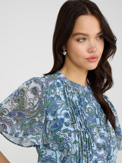 Paisley Print Pleated Chiffon Dress