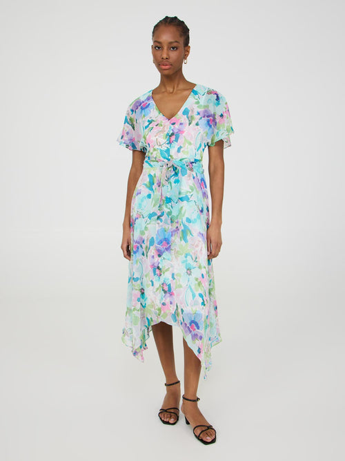 Printed Chiffon Handkerchief Hem Dress