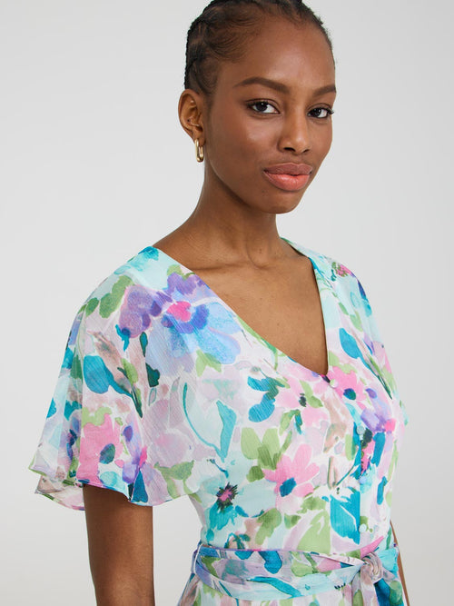 Printed Chiffon Handkerchief Hem Dress