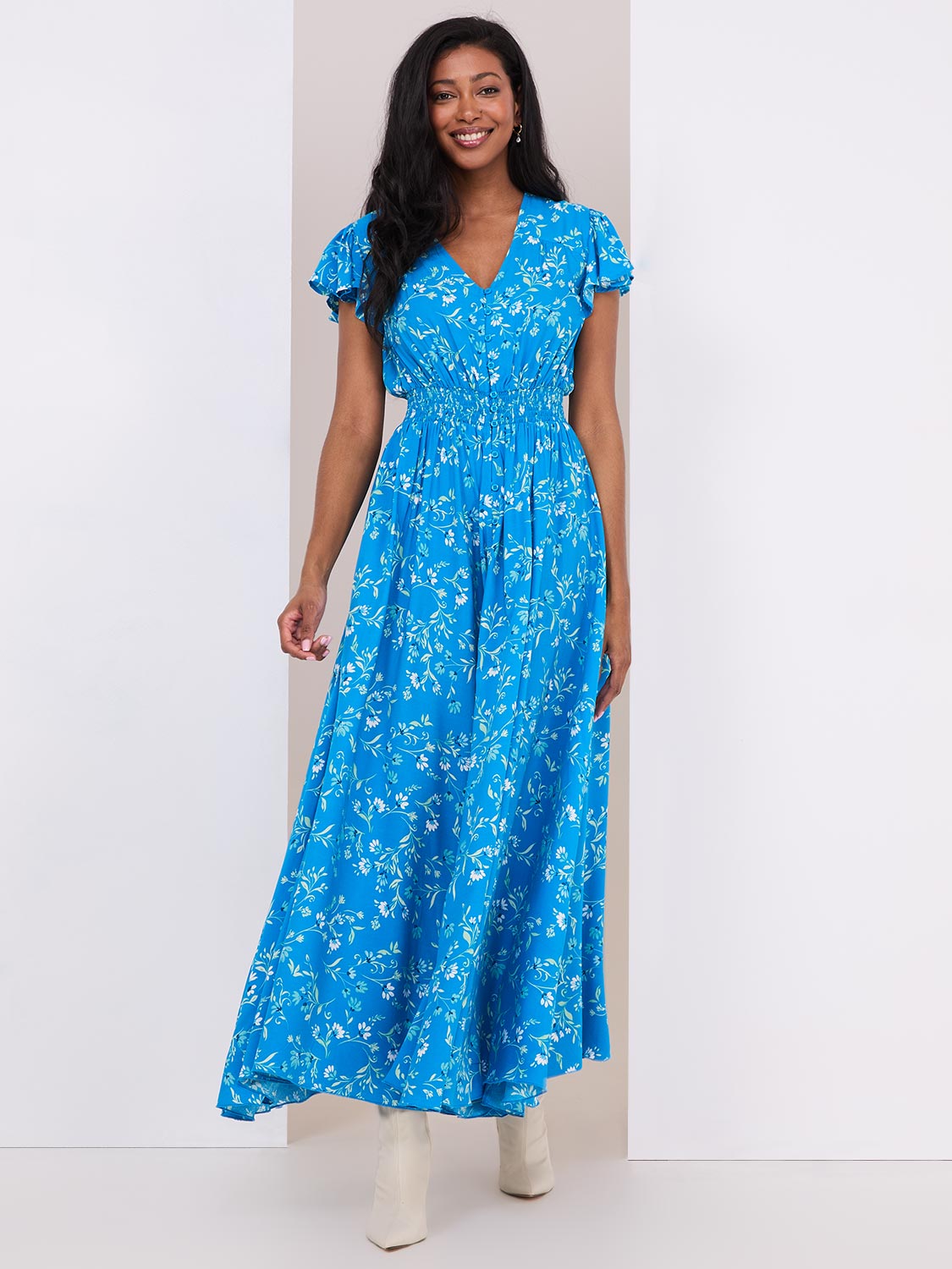 Floral Print Flutter Sleeve Maxi Dress – Suzy Shier