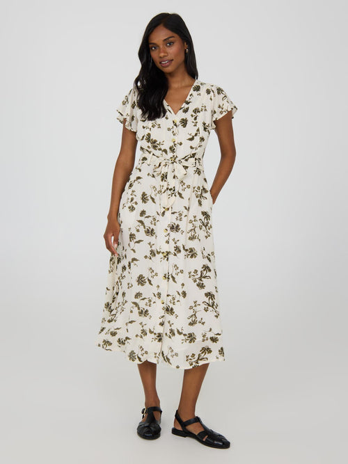 Floral Print Flutter Sleeve Button-Front Midi Dress