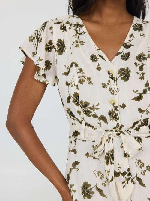 Floral Print Flutter Sleeve Button-Front Midi Dress