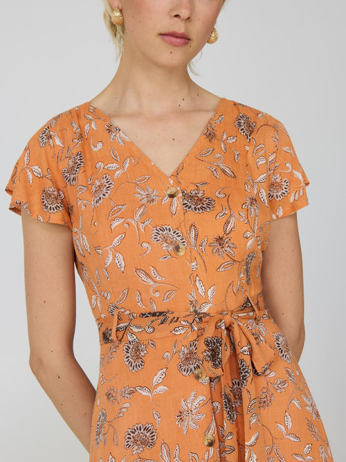 Printed Flutter Sleeve Button-Front Midi Dress