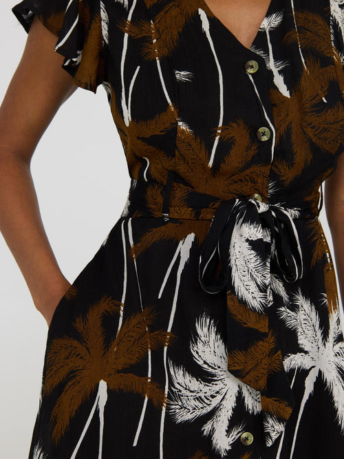 Tropical Print Flutter Sleeve Button-Front Midi Dress