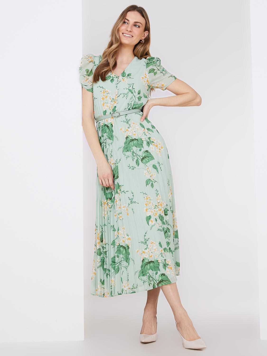 Floral Print Chiffon Ruffle V-Neck Maxi Dress