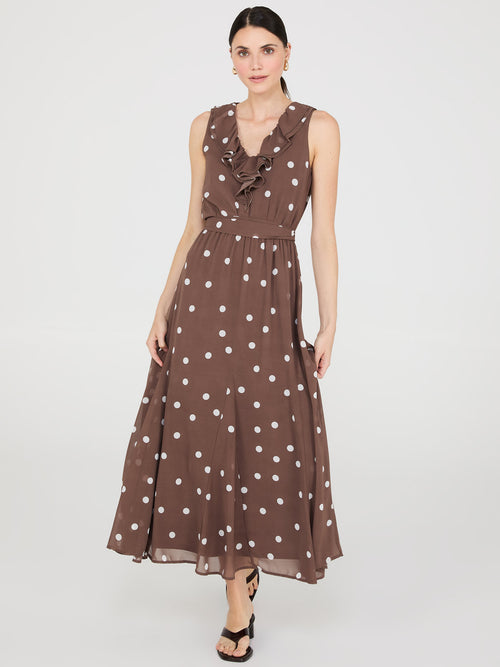 Dot Print Maxi Dress With Ruffle Details