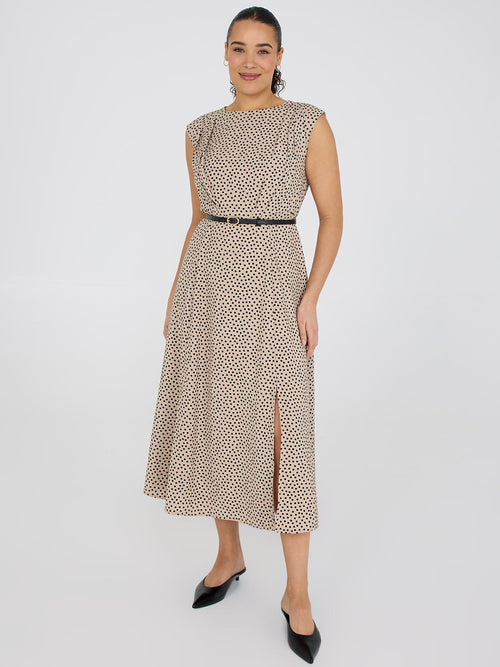 Dot Print A-Line Belted Dress