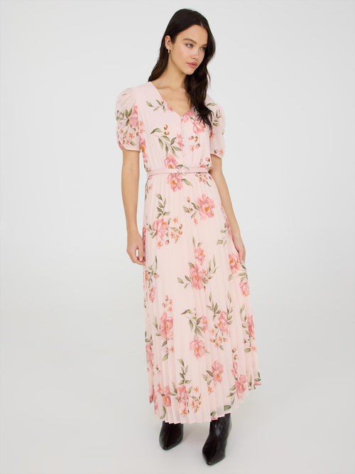 Printed V-Neck Pleated Midi Dress