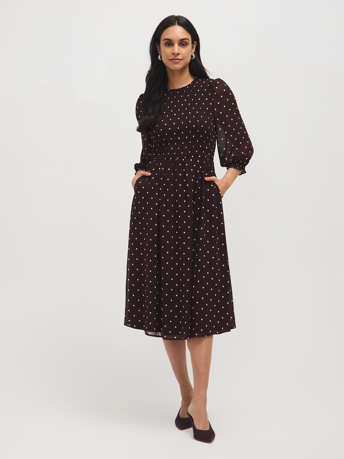 Smocked Polka Dot Chiffon Midi Dress – Suzy Shier