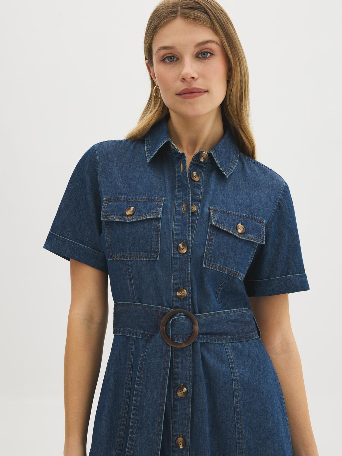 suzy shier denim dress Cotton Denim Belted Midi Dress Suzy Shier