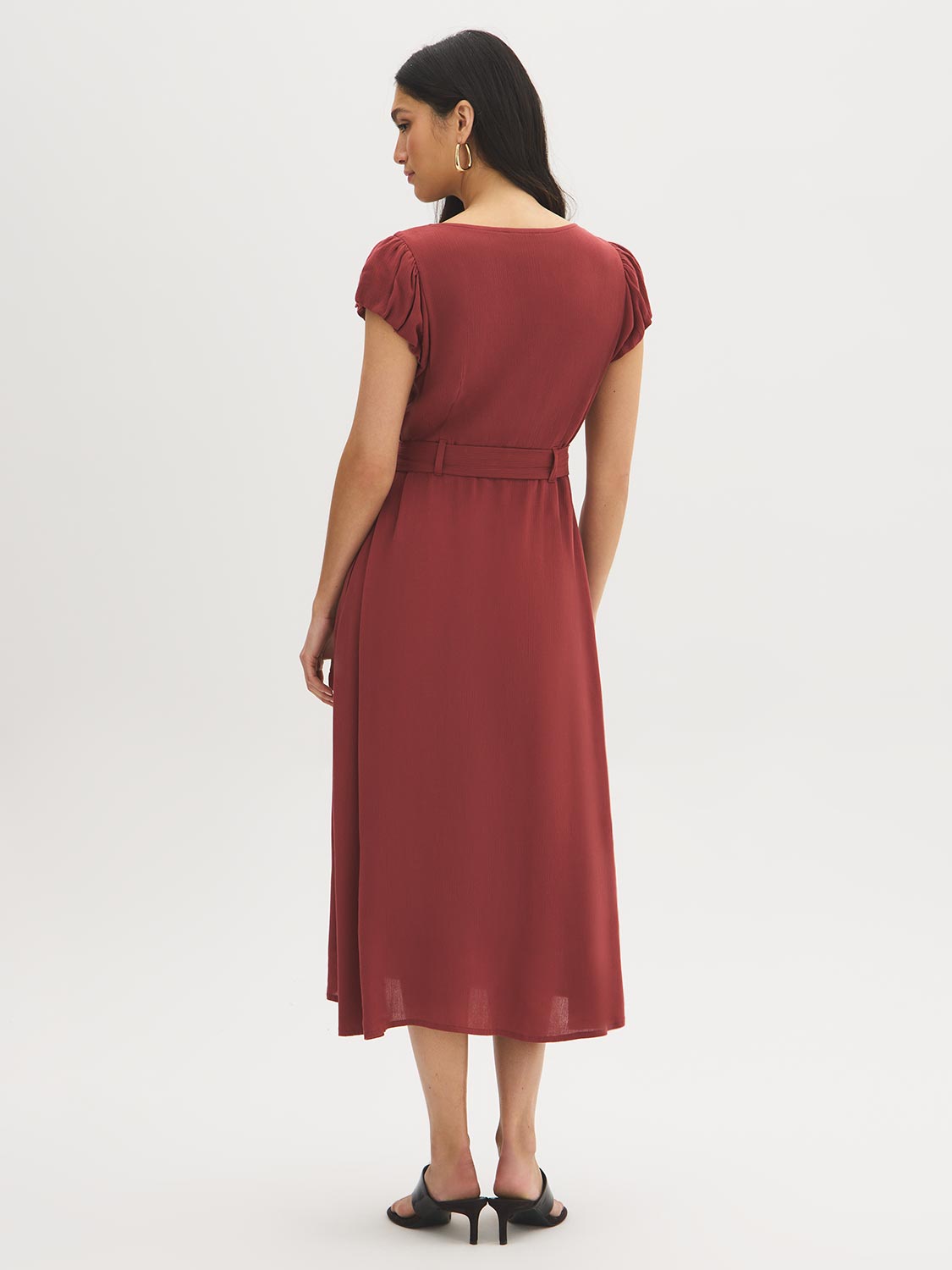 midi dress wanita gu sheath tie waist dress Textured Tie-Waist Midi Dress | Mars Red | XXL