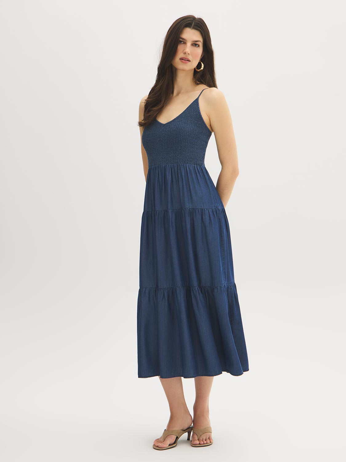 Smocked Tiered Denim Midi Dress
