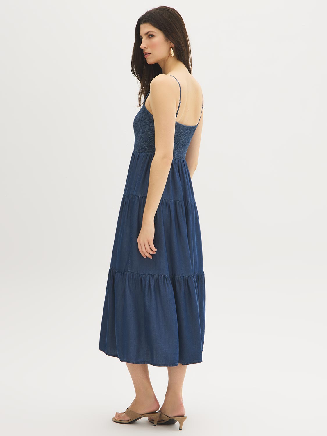 Smocked Tiered Denim Midi Dress