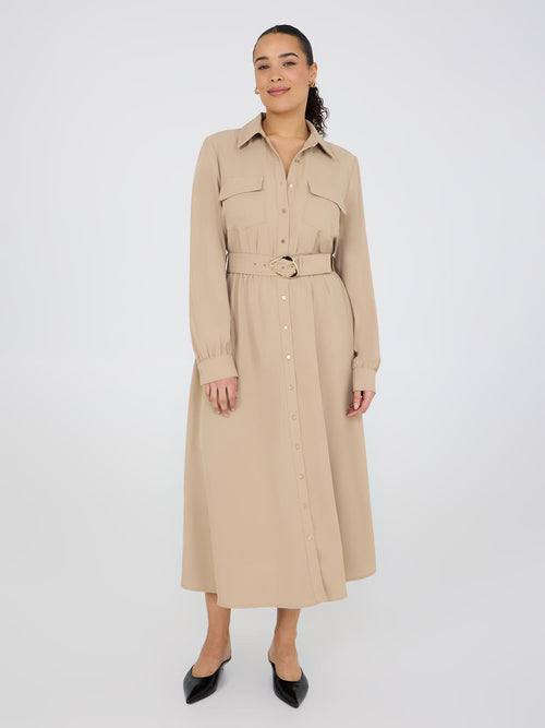 Long Sleeve Belted Shirt Dress