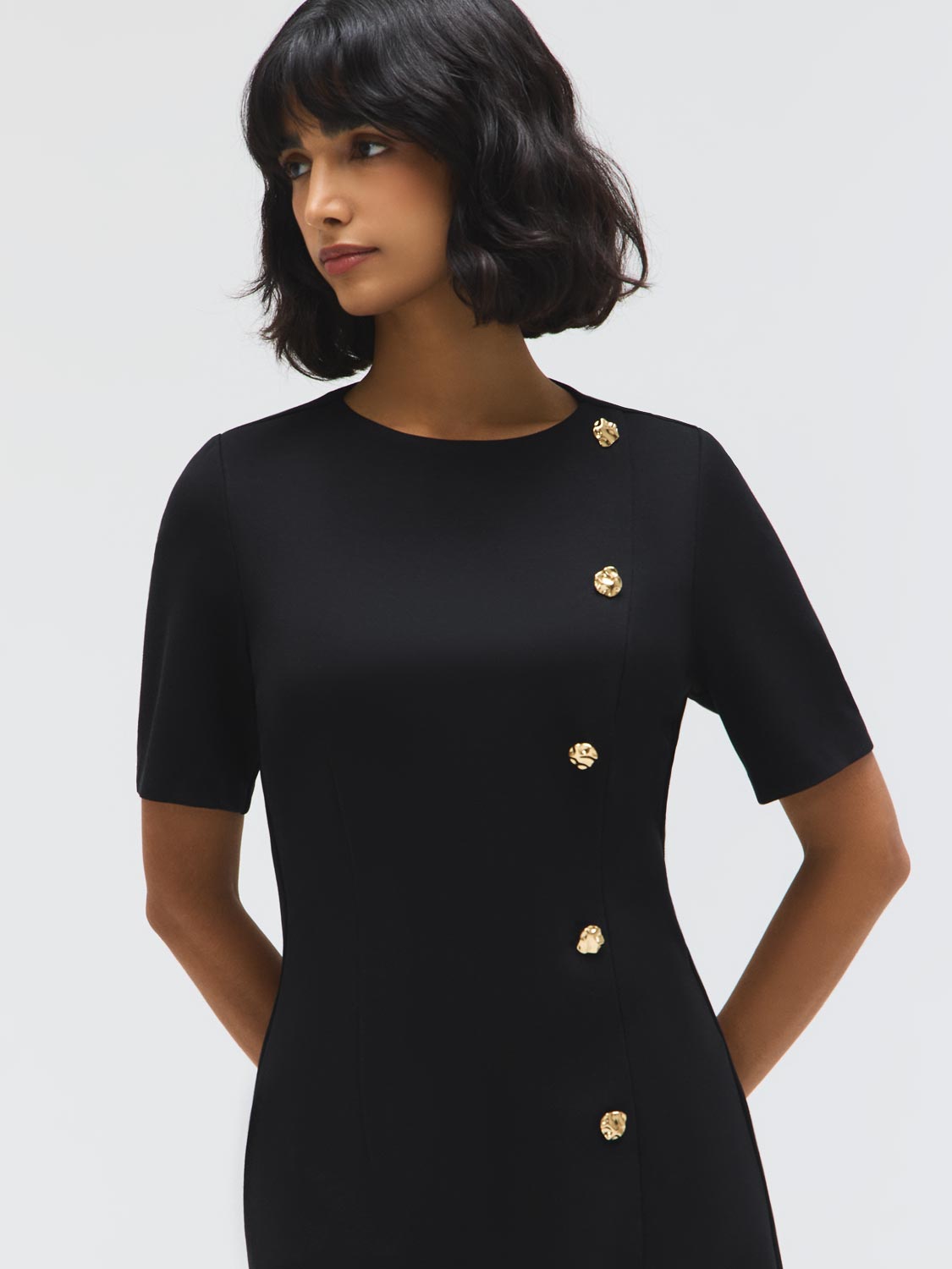 Elbow Sleeve Side-Button Dress