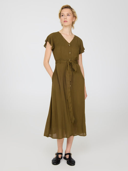 Flutter Sleeve Button-Front Midi Dress