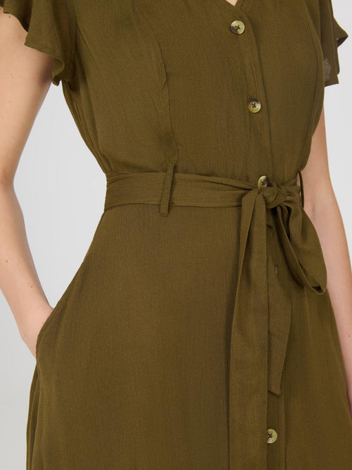 Flutter Sleeve Button-Front Midi Dress