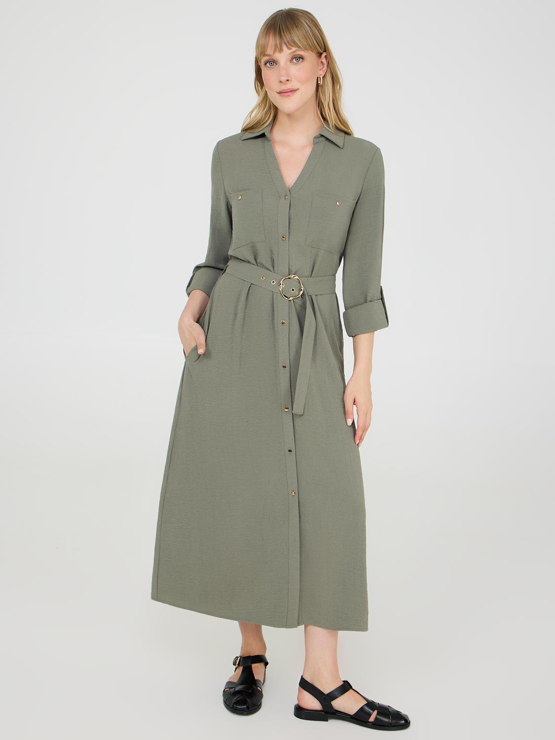 Belted Long Sleeve Midi Shirt Dress – Suzy Shier - Main Image