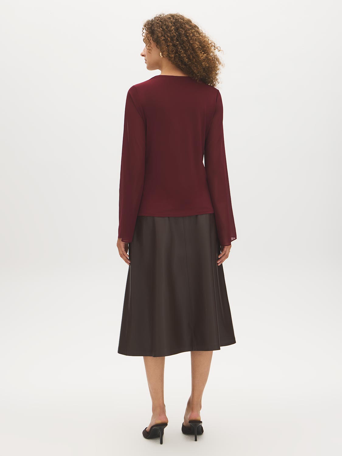 Bison V-Neck Top with Chiffon Sleeves and Lace Trim - Back View - Suzy Shier