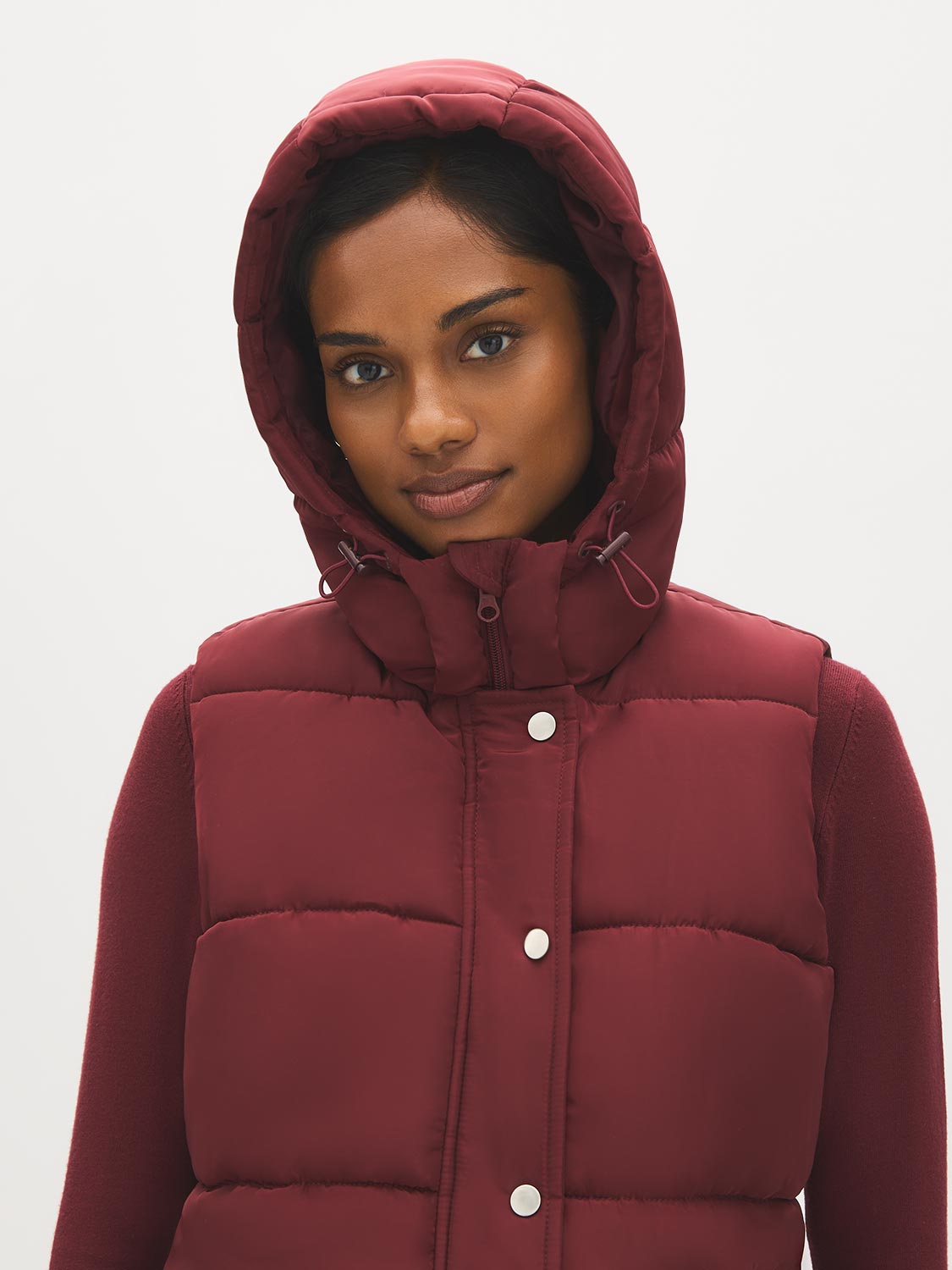 Red Quilted Puffer Vest with Hood - Back View - Suzy Shier