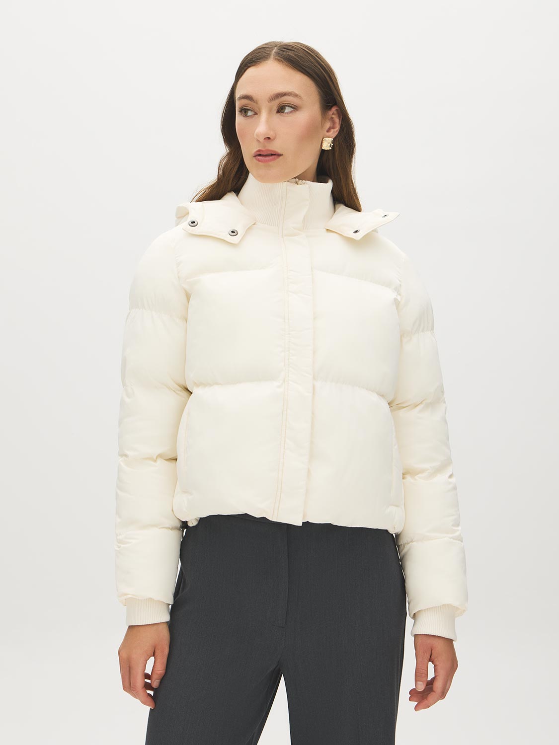 Cream Short Puffer Jacket with Hood - Woman Wearing Cropped Outerwear - Suzy Shier