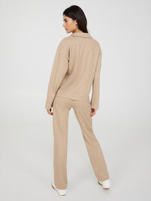 Melange Ribbed Johnny Collar Sweater Beige