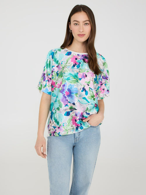 Floral Print Satin Front Dolman Sleeve T-Shirt