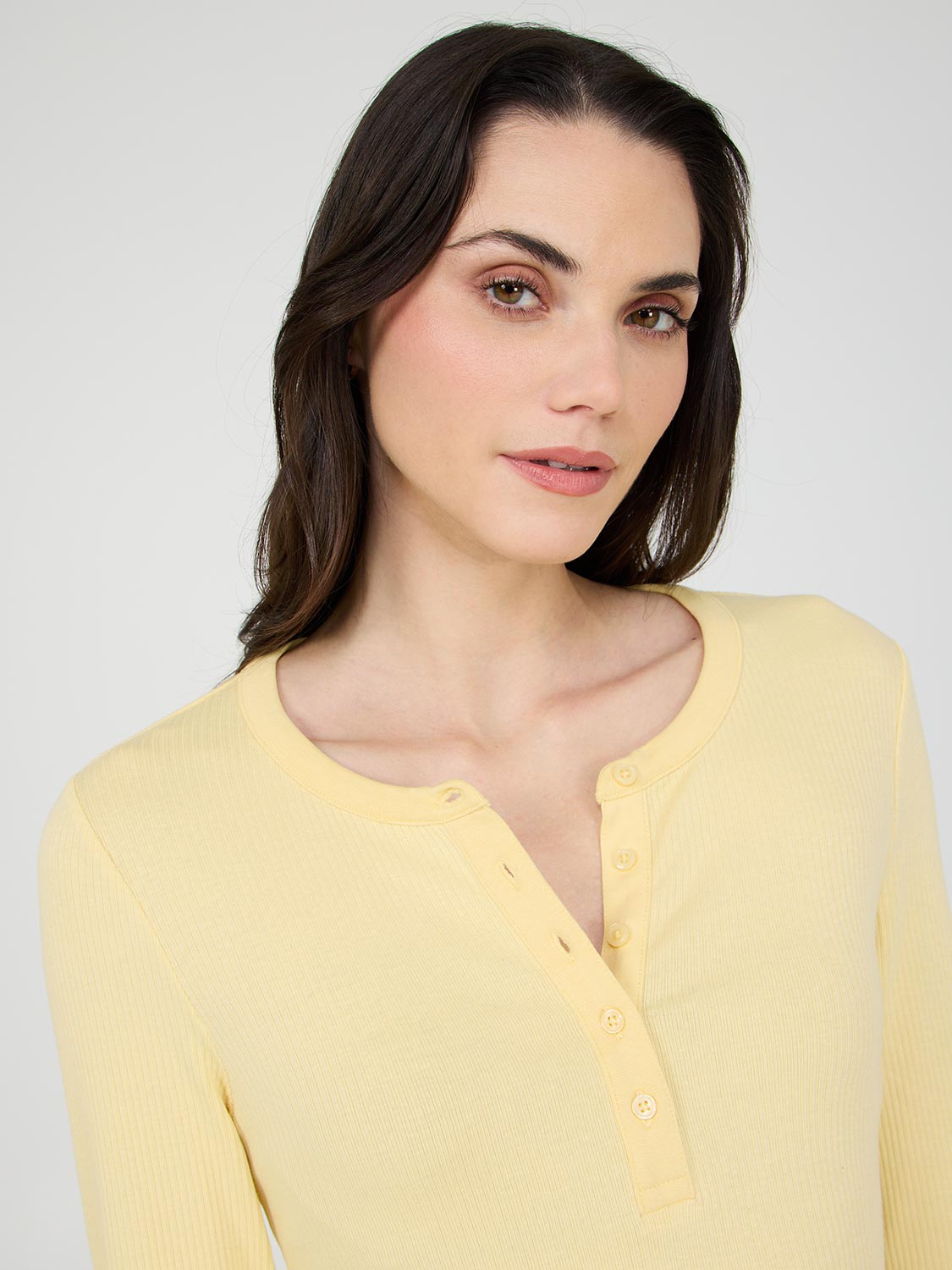 【COSYHARU】Pabien Ribbed Henley Neck Ribbed Long Sleeve O-Neck Henley Top