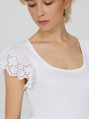 Short Eyelet Flutter Sleeve Cotton Top White