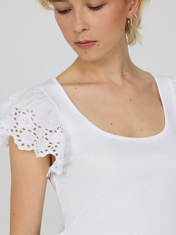 Short Eyelet Flutter Sleeve Cotton Top White