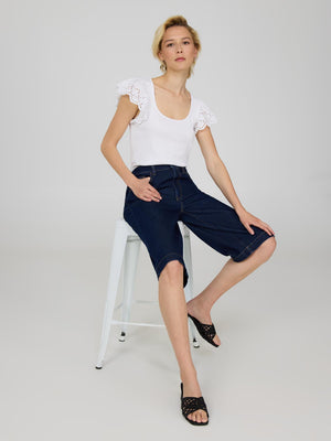 Short Eyelet Flutter Sleeve Cotton Top White